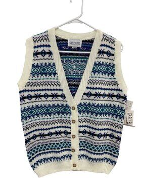 Vintage 90s Carly Blake Sweater Vest Medium Fair Isle Button Front Deadstock NEW